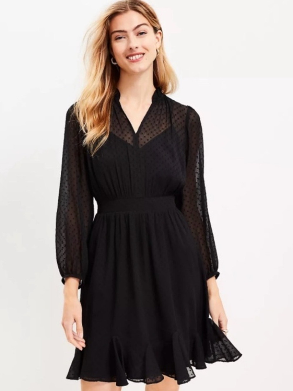 NWT LOFT Clip Godet Flare Dress Women’s 6P Black Ruffle Sheer Swiss Dot Ret $95
